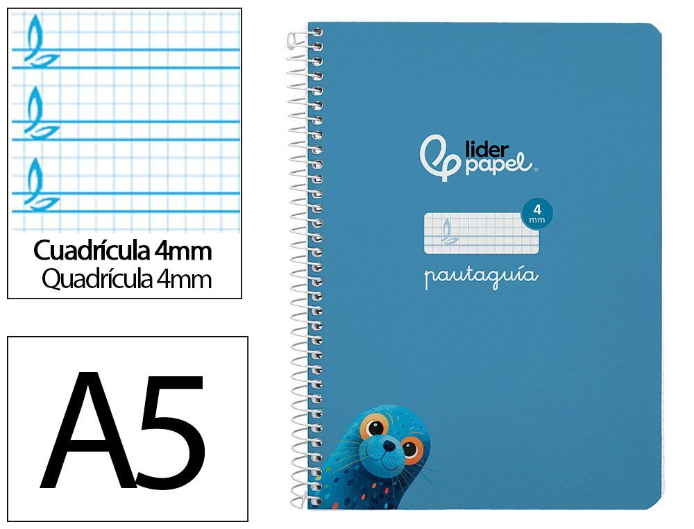 Cuaderno espiral liderpapel A5 pautaguia tapa dura 80h 90 gr cuadro pautado 4mm color azul