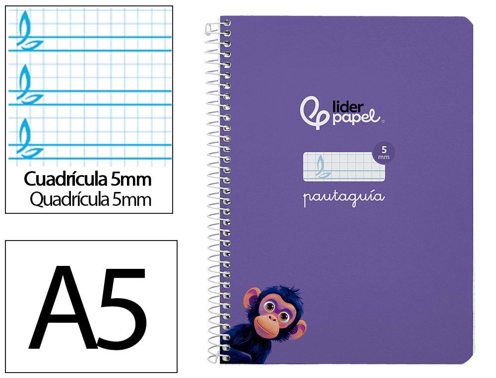 Cuaderno espiral liderpapel A5 pautaguia tapa dura 80h 90 gr cuadro pautado 5mm color lila