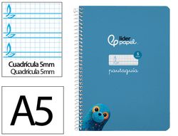 Cuaderno espiral liderpapel A5 pautaguia tapa dura 80h 90 gr cuadro pautado 5mm color azul
