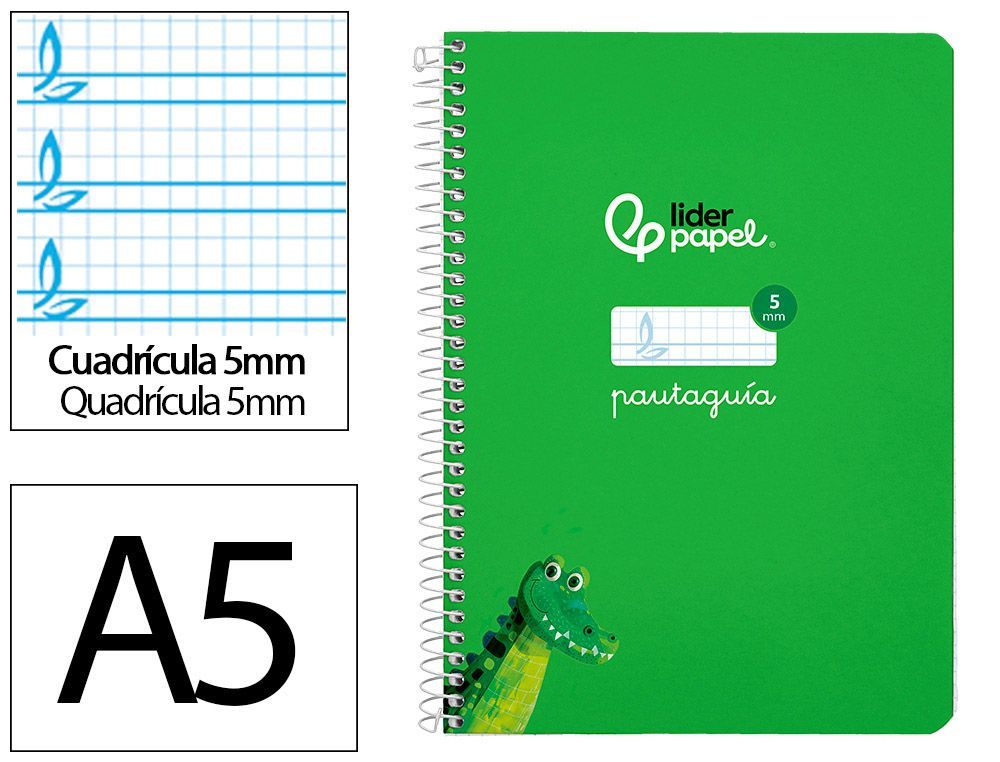 Cuaderno espiral liderpapel A5 pautaguia tapa dura 80h 90 gr cuadro pautado 5mm color verde