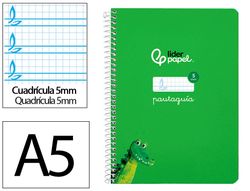 Cuaderno espiral liderpapel A5 pautaguia tapa dura 80h 90 gr cuadro pautado 5mm color verde