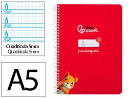 Cuaderno espiral liderpapel A5 pautaguia tapa dura 80h 90 gr cuadro pautado 5mm color rojo