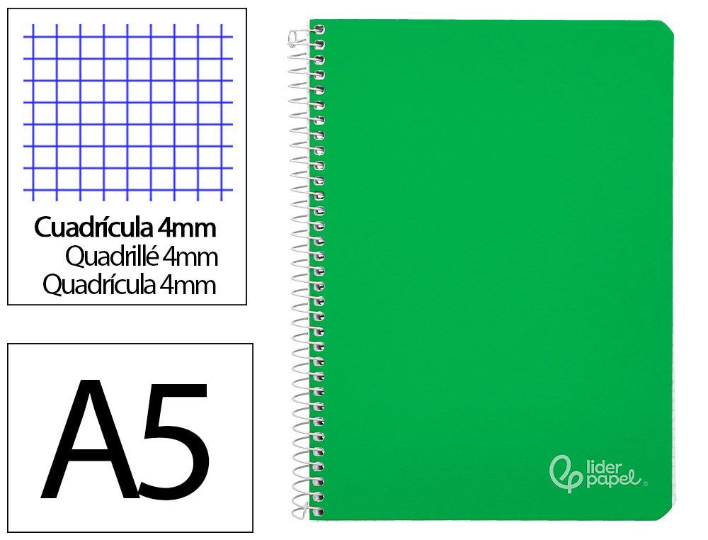 Cuaderno espiral liderpapel A5 witty tapa dura 80h 90gr cuadro 4mm con margen color verde