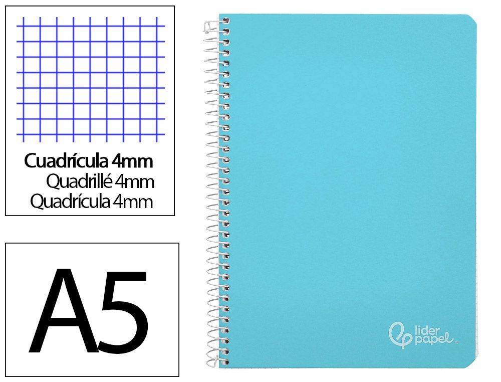 Cuaderno espiral liderpapel A5 witty tapa dura 80h 90gr cuadro 4mm con margen color azul