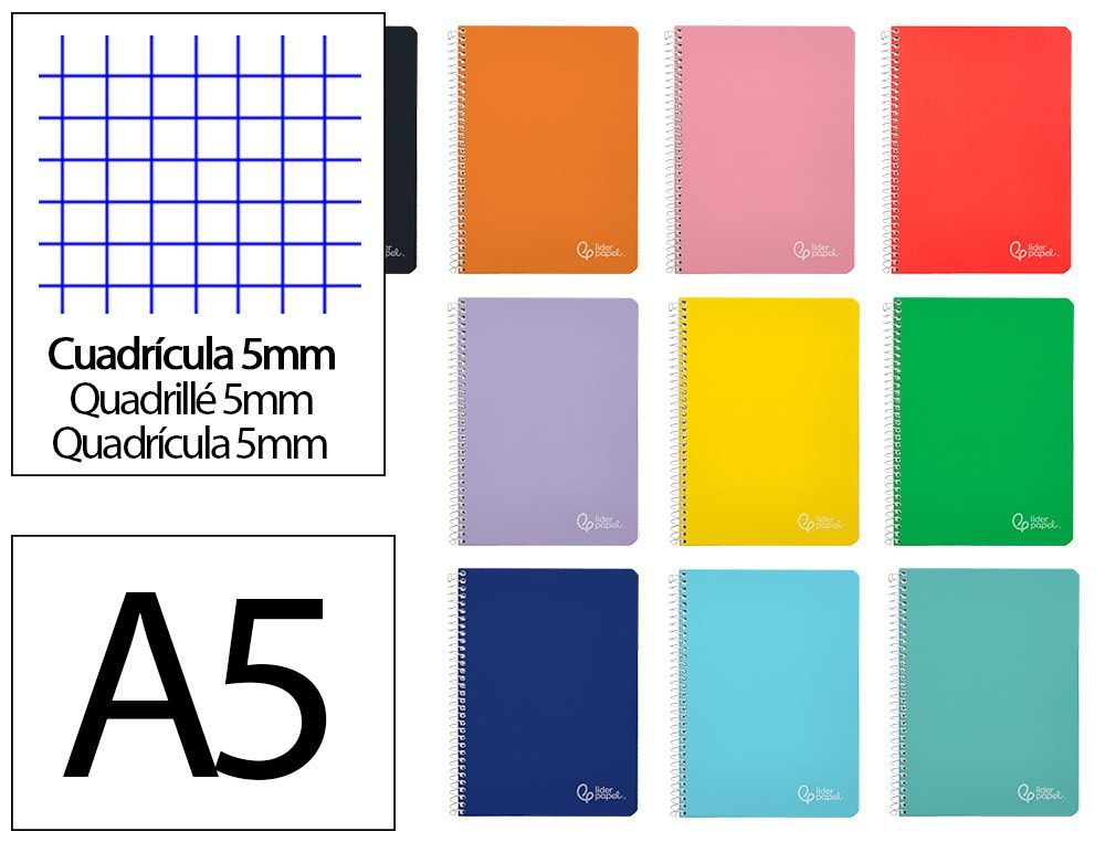 Cuaderno espiral liderpapel A5 witty tapa dura 80h 90gr cuadro 5mm con margen colores surtidos