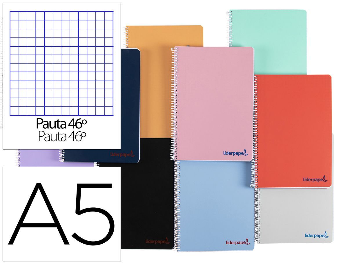 Cuaderno espiral liderpapel a5 wonder tapa plastico 80h 90g rayado n.46 colores surtidos