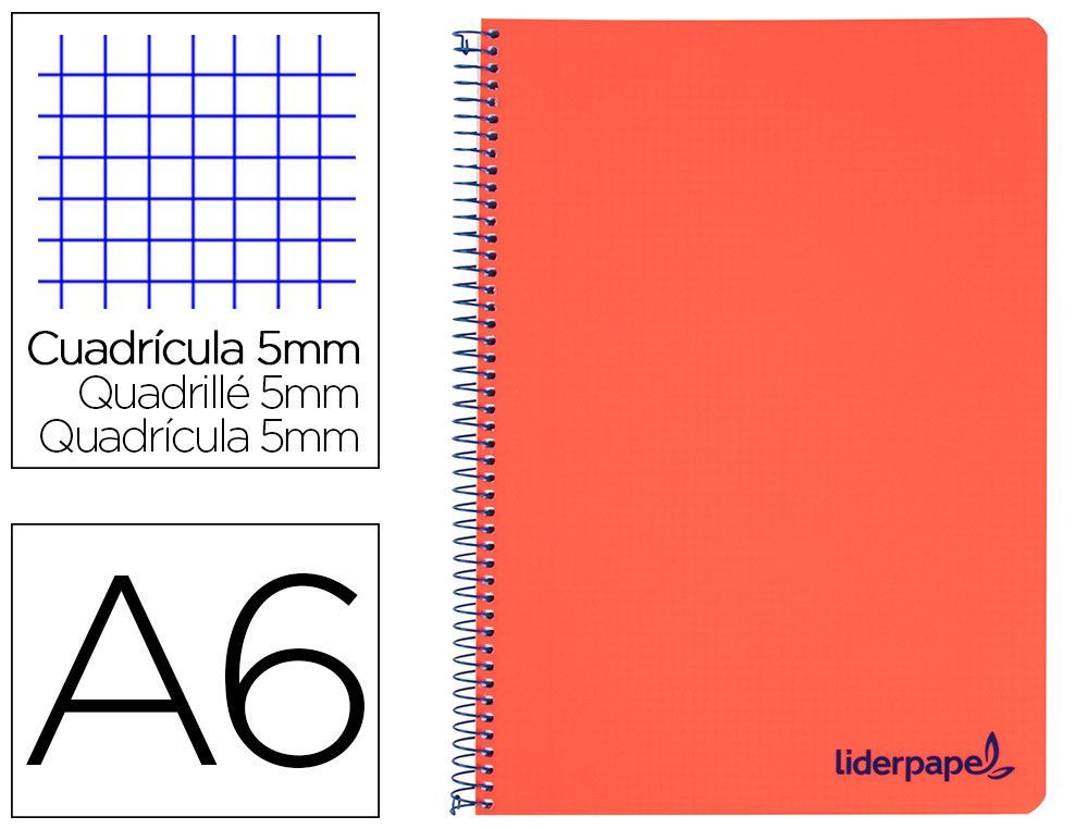 Cuaderno espiral liderpapel a6 micro wonder tapa plastico 120h 90 gr cuadro 5mm 4 bandas color rojo