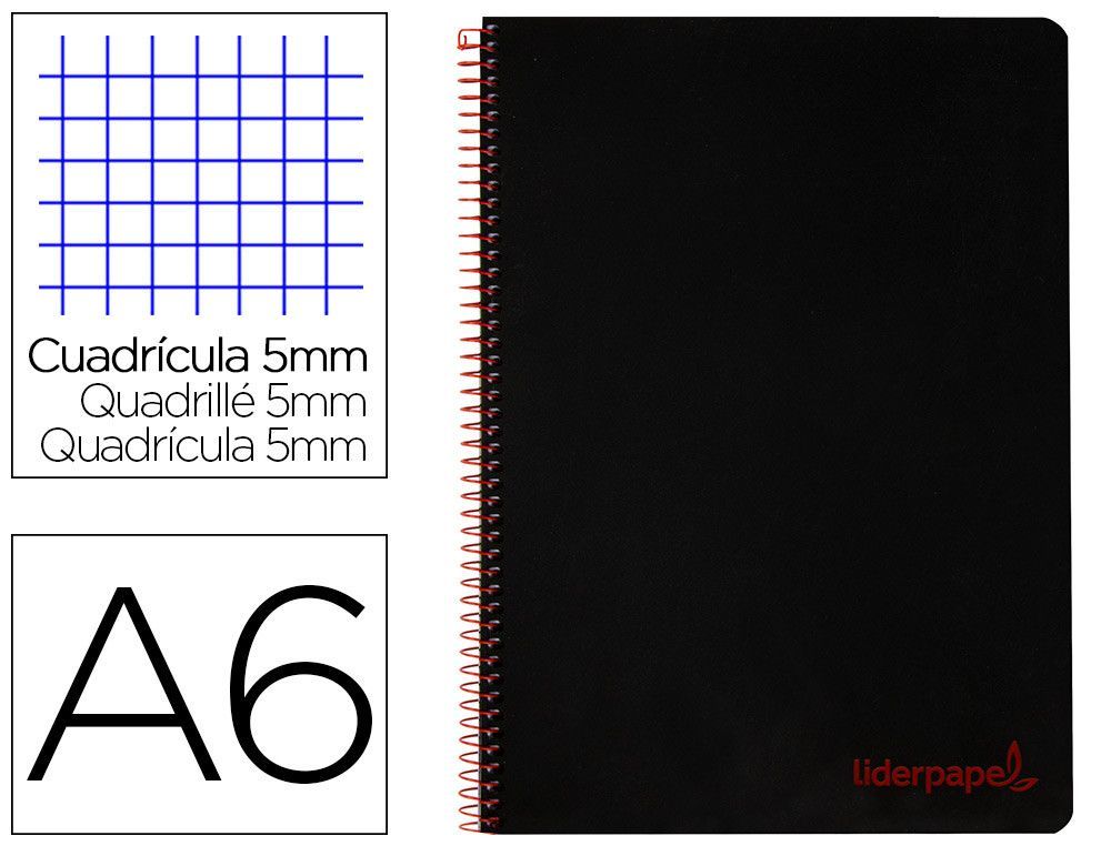 Cuaderno espiral liderpapel a6 micro wonder tapa plastico 120h 90 gr cuadro 5mm 4 bandas color negro