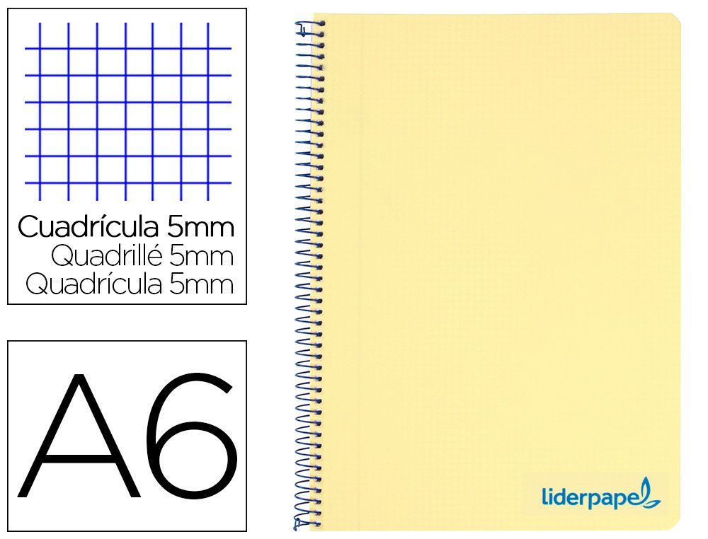 Cuaderno espiral liderpapel A6 micro wonder tapa plastico 120h 90 gr cuadro 5mm 4 bandas color amarillo