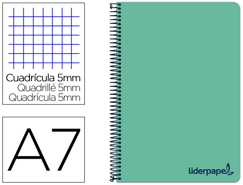 Cuaderno espiral liderpapel a7 micro wonder tapa plastico 100h 90 gr cuadro 5mm 4 bandas color verde
