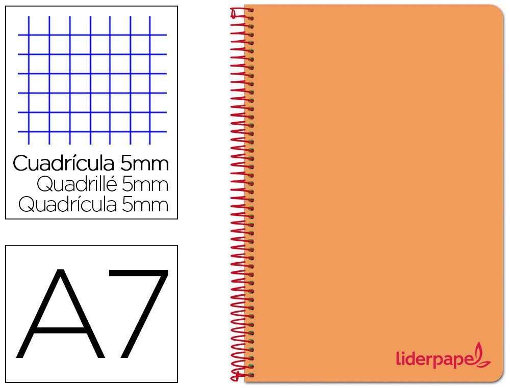 Cuaderno espiral liderpapel a7 micro wonder tapa plastico 100h 90 gr cuadro 5mm 4 bandas color naranja