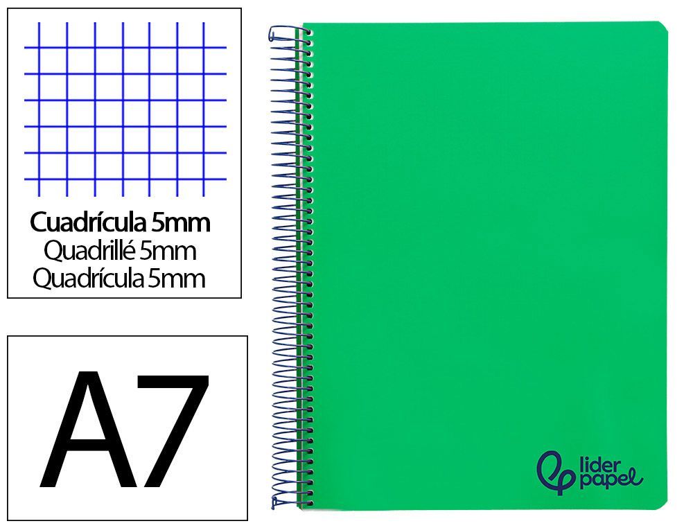 Cuaderno espiral liderpapel a7 micro wonder tapa plastico 100h 90gr cuadro 5mm 4 bandas color verde oscuro