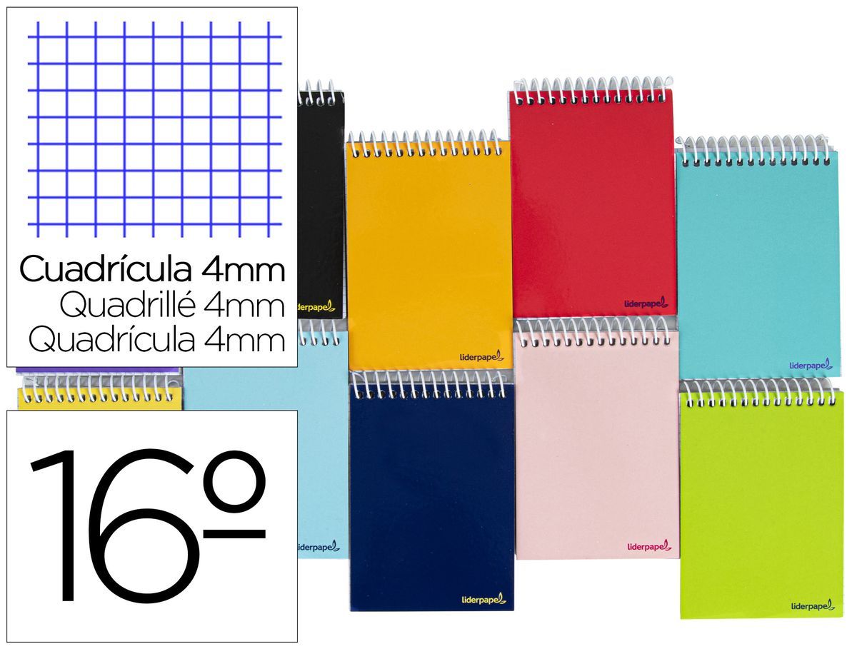 Cuaderno espiral liderpapel bolsillo dieciseavo apaisado smart tapa blanda 80h 60gr cuadro 4mm colores surtidos