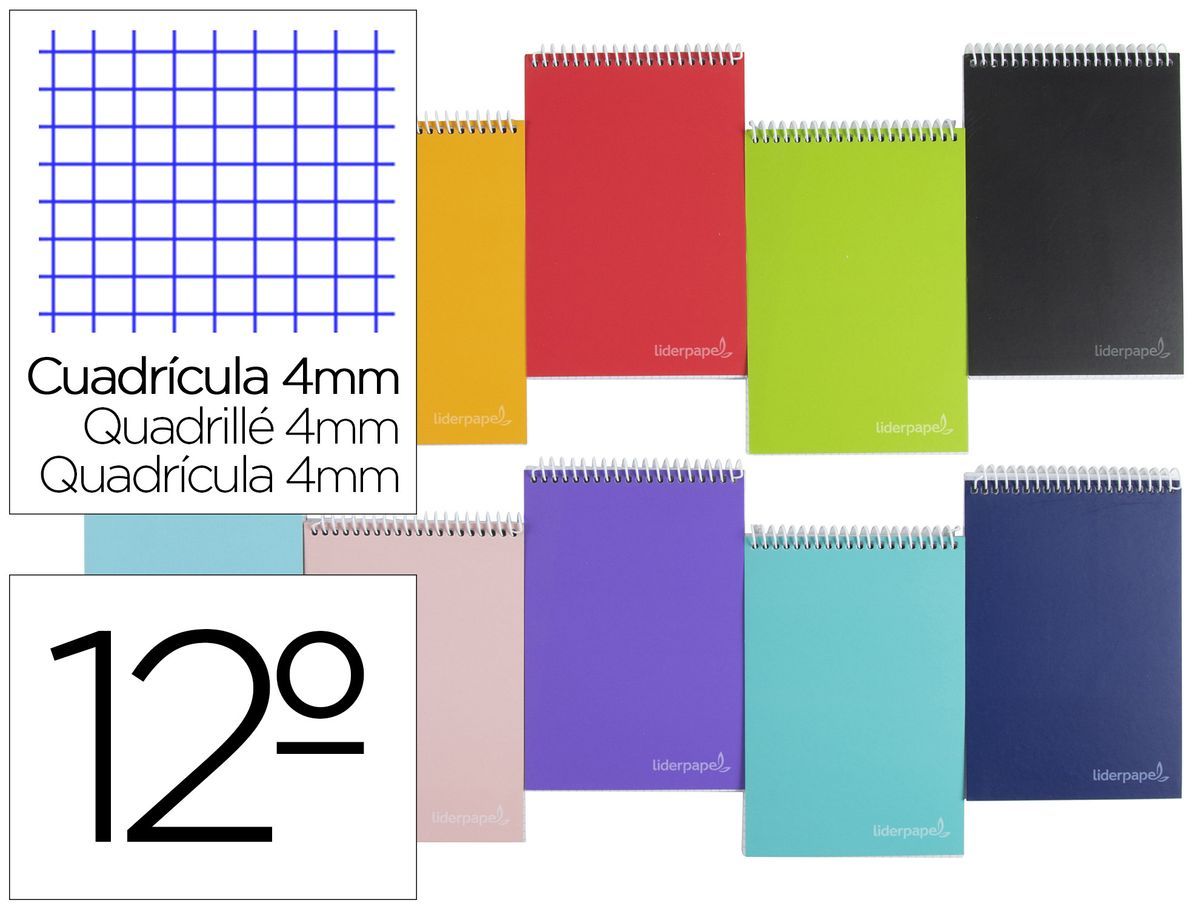 Cuaderno espiral liderpapel bolsillo doceavo apaisado witty tapa dura 80h 75gr cuadro 4 mm colores surtidos