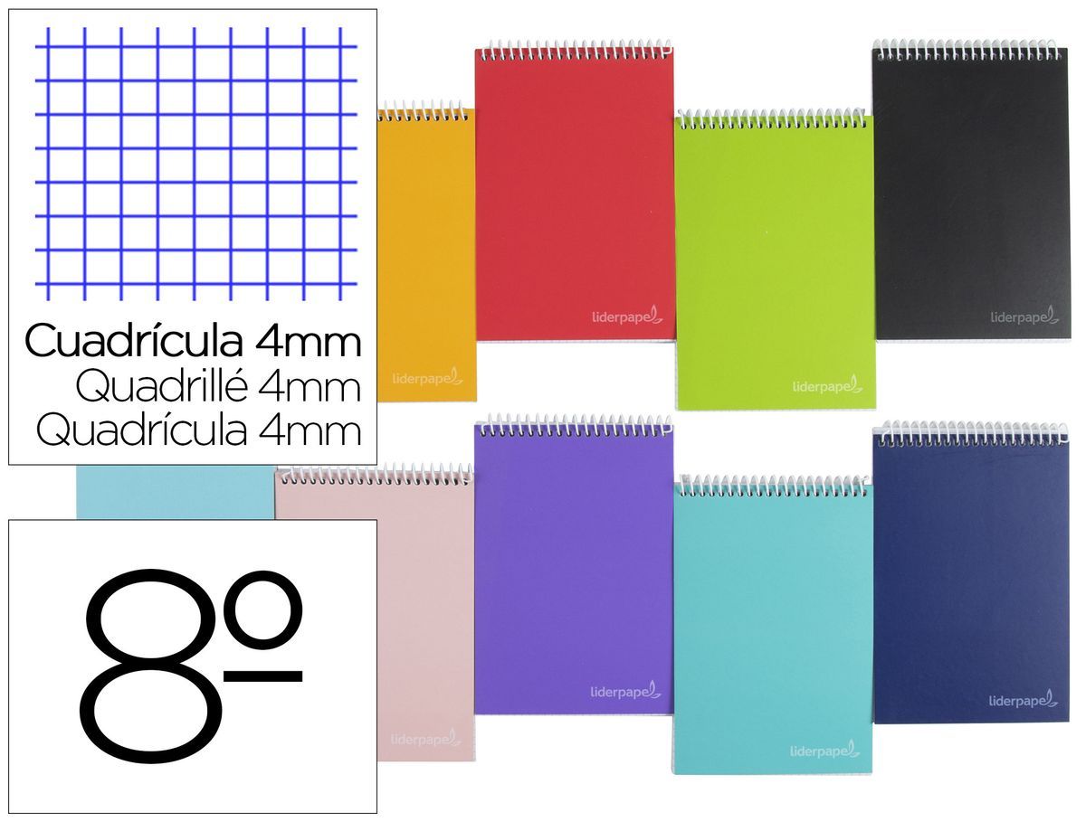 Cuaderno espiral liderpapel bolsillo octavo apaisado witty tapadura 80h 75gr cuadro 4 mm colores surtidos