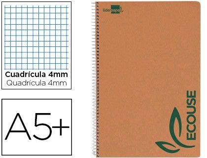 Cuaderno Espiral Liderpapel Cuarto Ecouse Tapa Cartulina Kraft 80H Papel Reciclado 60 Gr Cuadro 4Mm