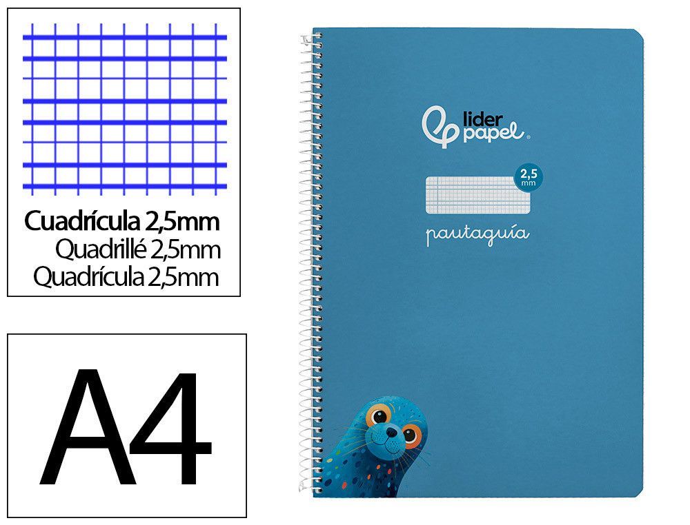 Cuaderno espiral liderpapel di din A4 pautaguia tapa dura 80h 90 gr cuadro pautado 2,5mm color azul