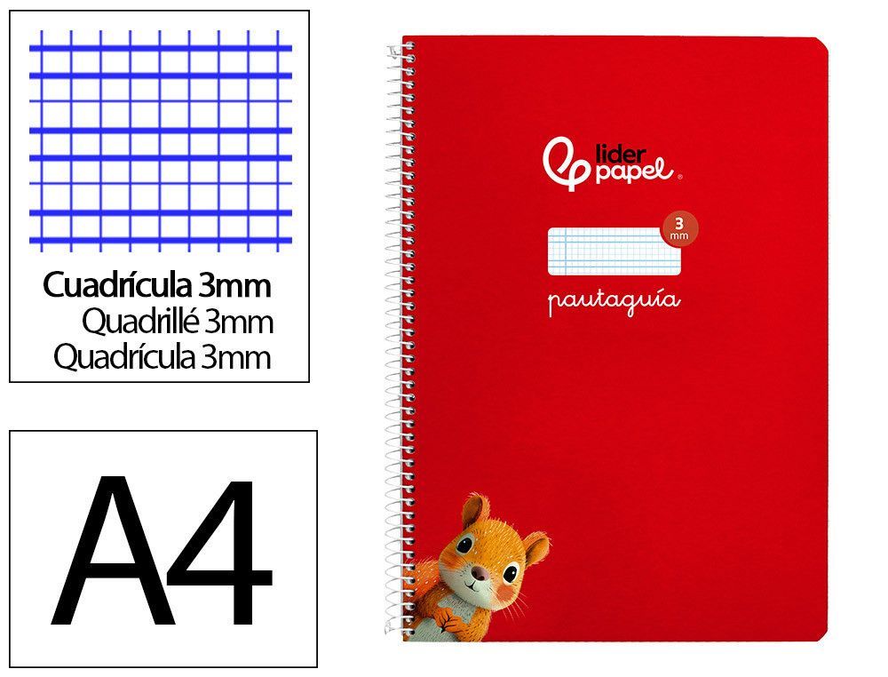 Cuaderno espiral liderpapel din A4 pautaguia tapa dura 80h 90 gr cuadro pautado 3mm color rojo