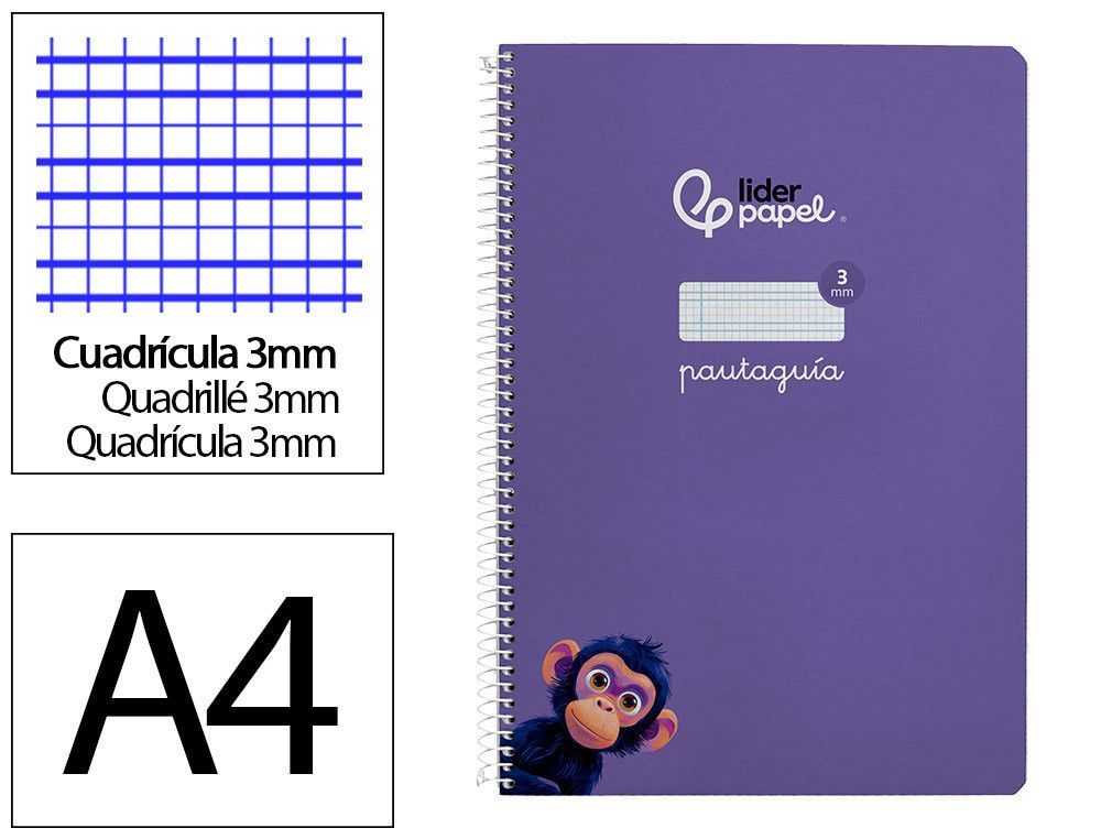 Cuaderno espiral liderpapel din A4 pautaguia tapa dura 80h 90 gr cuadro pautado 3mm color lila
