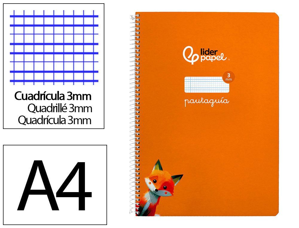 Cuaderno espiral liderpapel din A4 pautaguia tapa dura 80h 90 gr cuadro pautado 3mm color naranja