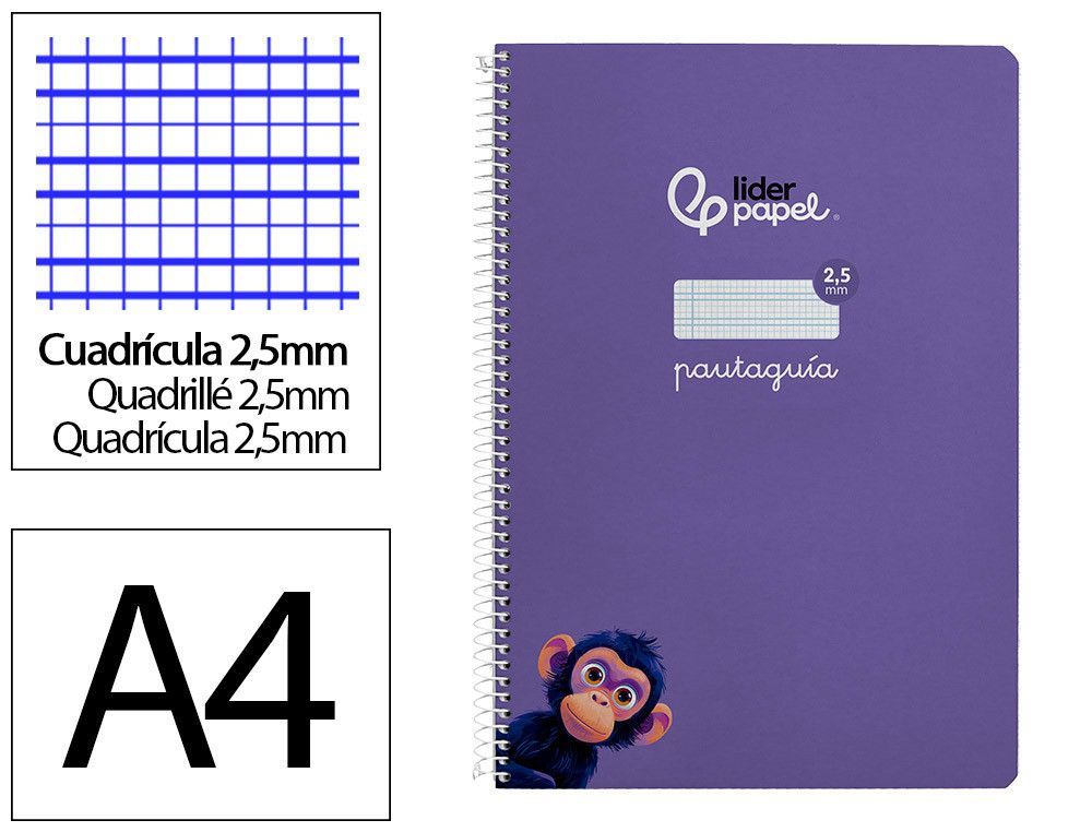 Cuaderno espiral liderpapel din A4 pautaguia tapa dura 80h 90 gr cuadro pautado 2,5mm color lila