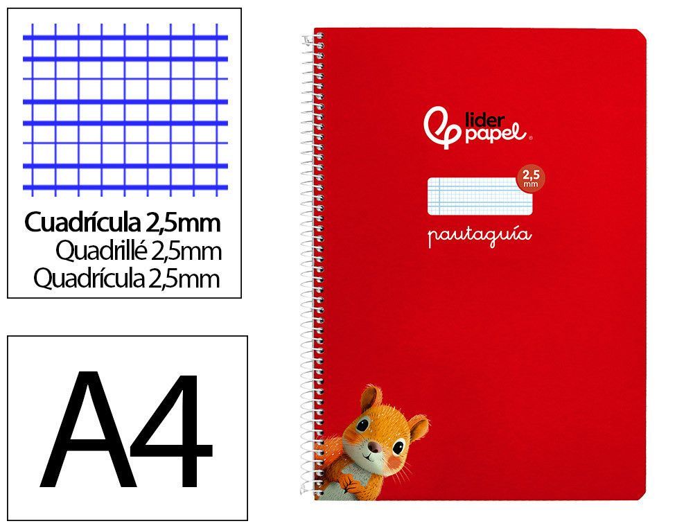 Cuaderno espiral liderpapel din A4 pautaguia tapa dura 80h 90 gr cuadro pautado 2,5mm color rojo