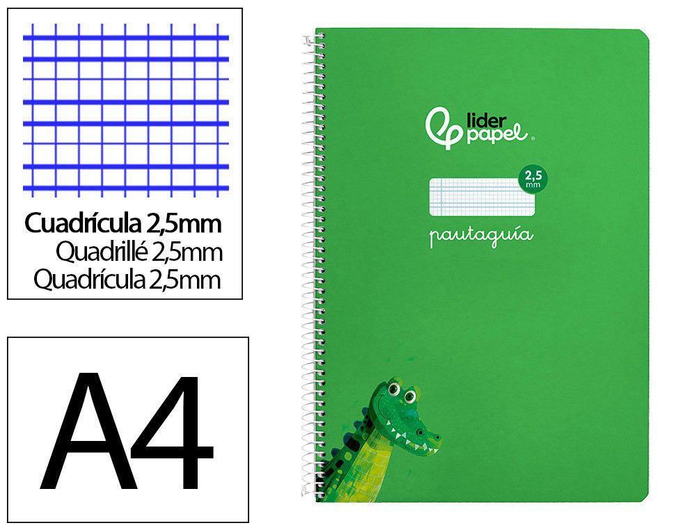 Cuaderno espiral liderpapel din A4 pautaguia tapa dura 80h 90 gr cuadro pautado 2,5mm color verde