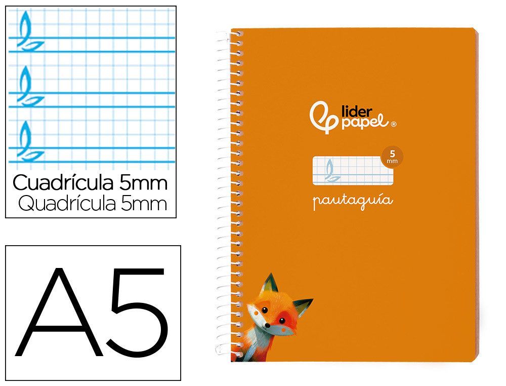 Cuaderno espiral liderpapel din A5 pautaguia tapa blanda 40 h 75 gr cuadro pautado 5mm color naranja