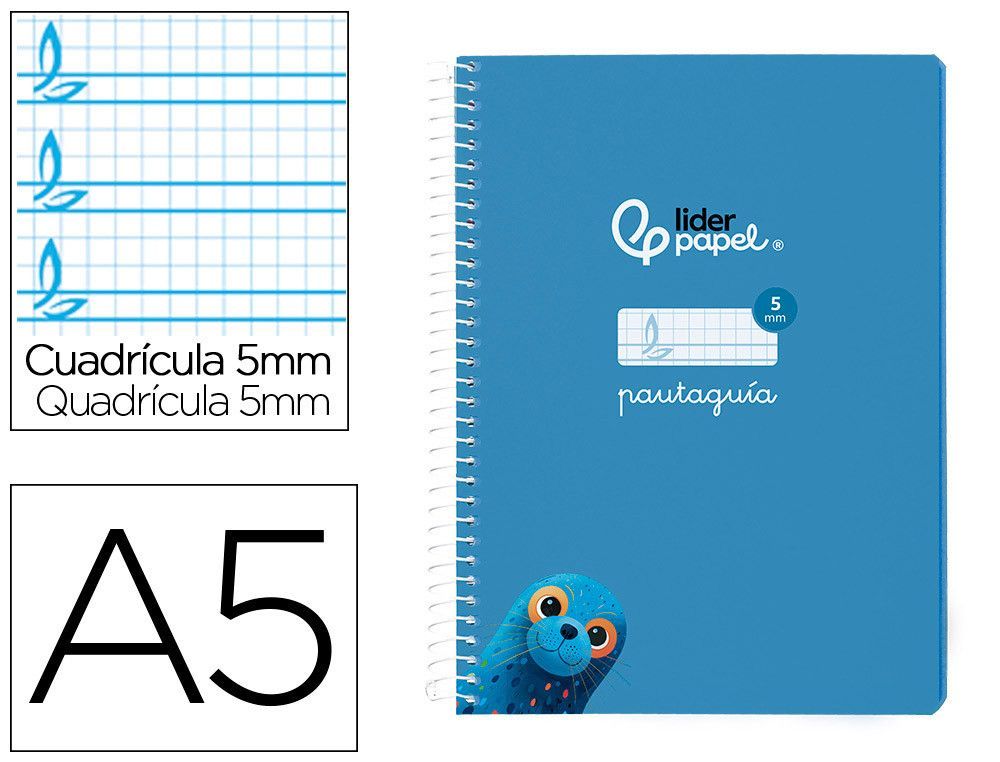 Cuaderno espiral liderpapel din A5 pautaguia tapa blanda 40h 75 gr cuadro pautado 5mm color azul