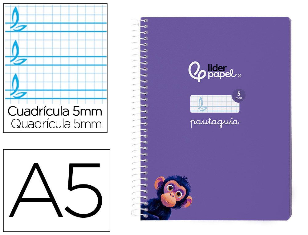 Cuaderno espiral liderpapel din A5 pautaguia tapa blanda 40h 75gr cuadro pautado 5mm color lila