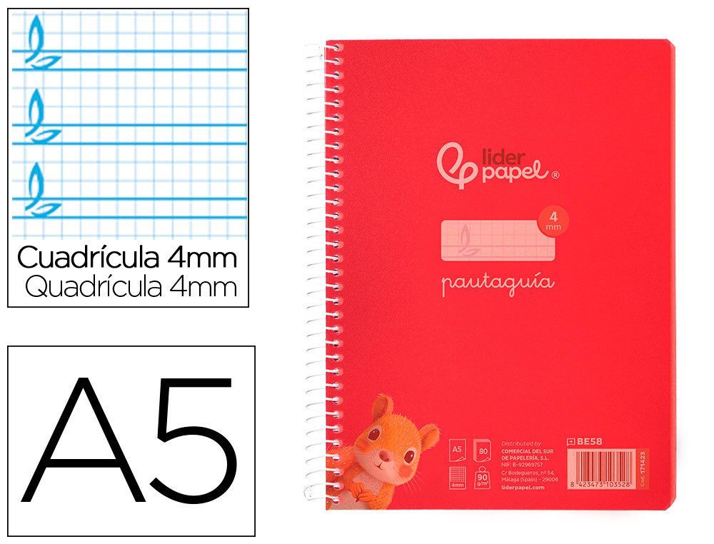 Cuaderno espiral liderpapel din A5 pautaguia tapa plastico 80h 90gr cuadro pautado 4mm con margen color rojo
