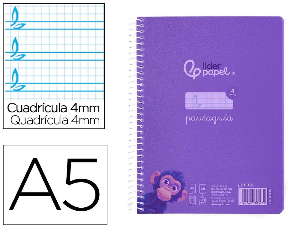 Cuaderno espiral liderpapel din A5 pautaguia tapa plastico 80h 90gr cuadro pautado 4 mm con margen color lila