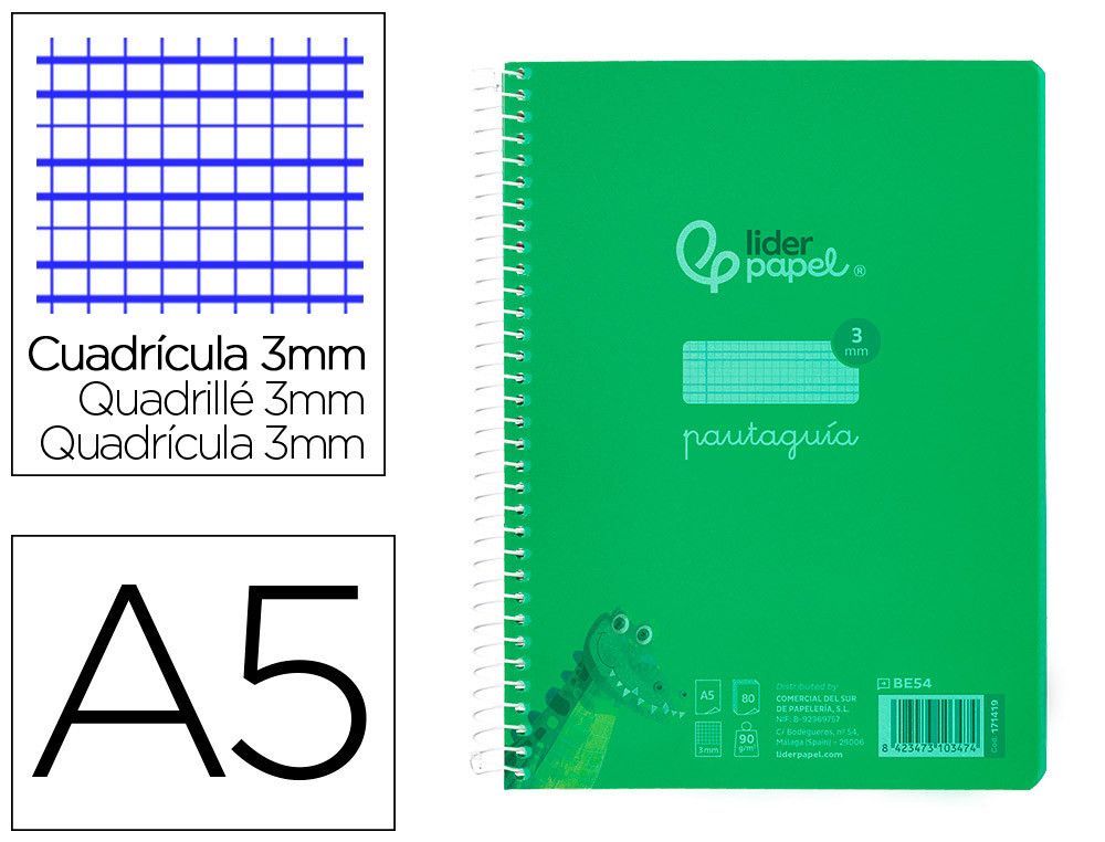 Cuaderno espiral liderpapel din A5 pautaguia tapa plastico 80h 90gr cuadro pautado 3 mm con margen color verde