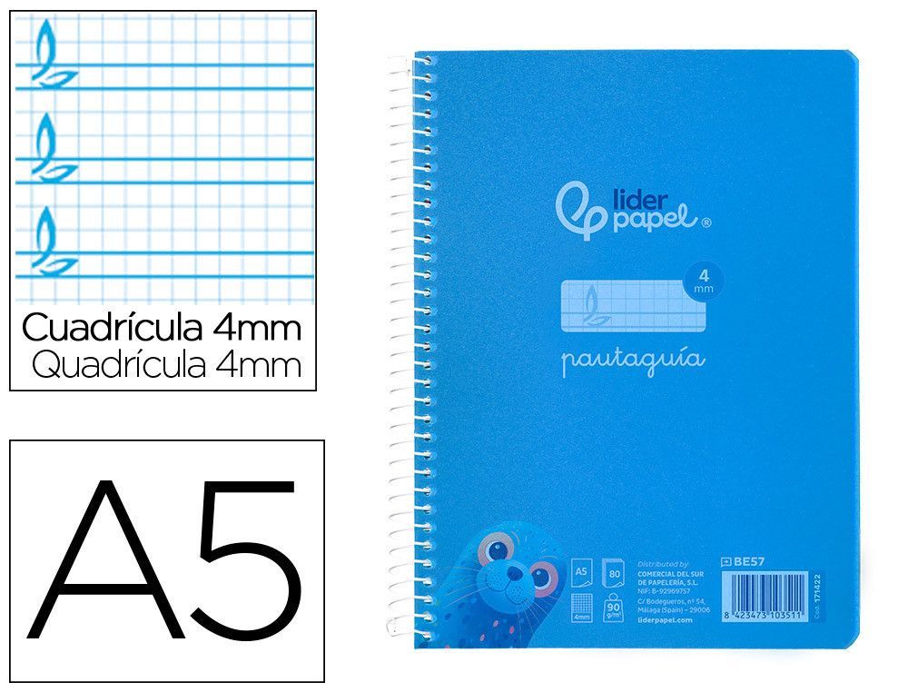 Cuaderno espiral liderpapel din A5 pautaguia tapa plastico 80h 90gr cuadro pautado 4mm con margen color azul