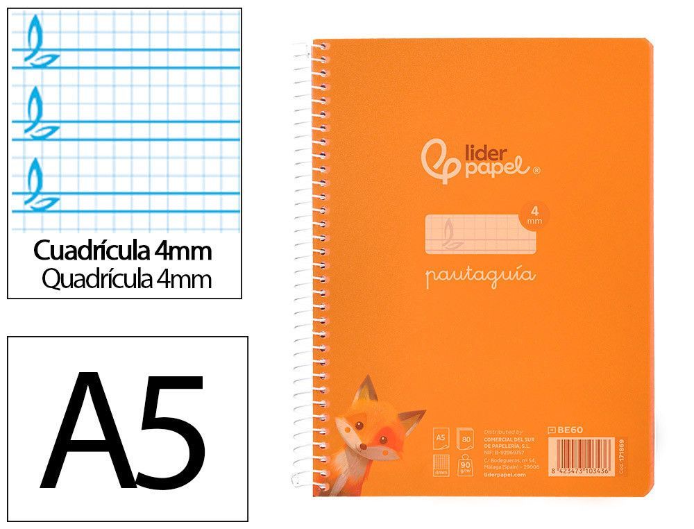 Cuaderno espiral liderpapel din A5 pautaguia tapa plastico 80h 90gr cuadro pautado 4mm color naranja