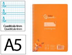 Cuaderno espiral liderpapel din A5 pautaguia tapa plastico 80h 90gr cuadro pautado 4mm color naranja