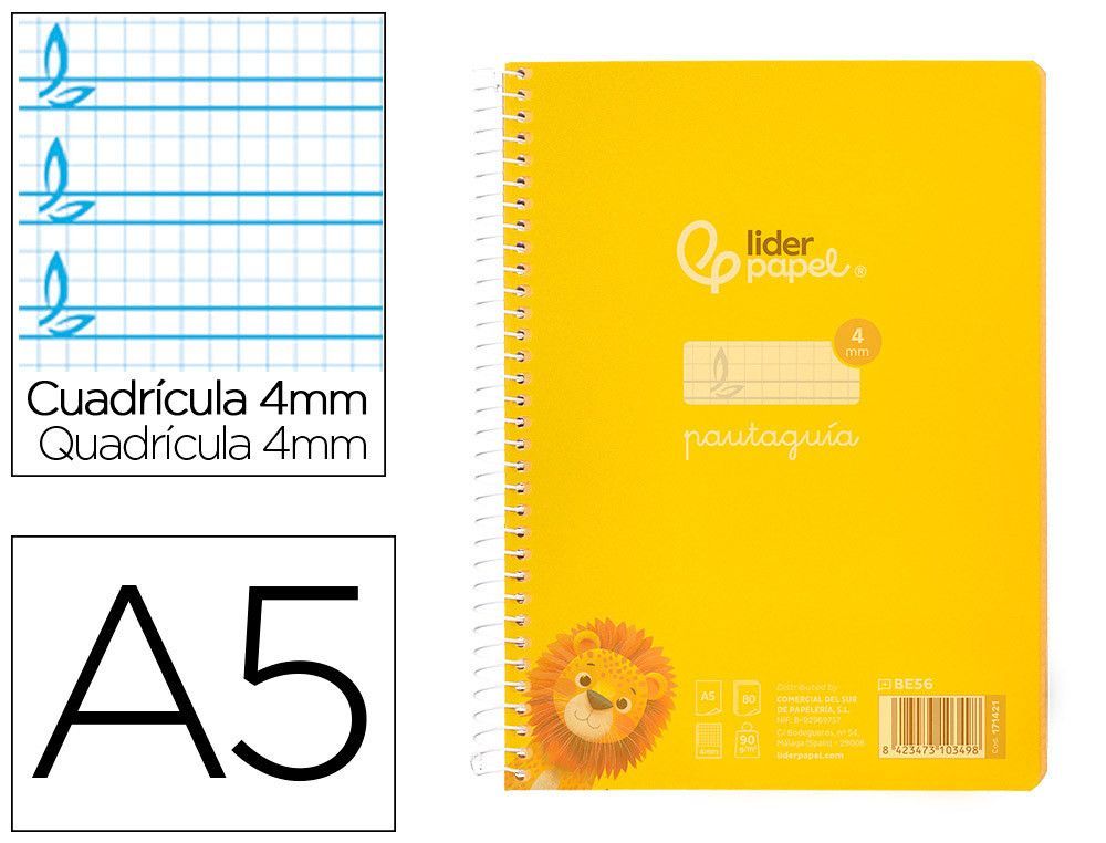 Cuaderno espiral liderpapel din A5 pautaguia tapa plastico 80h 90gr cuadro pautado 4mm con margen color amarillo