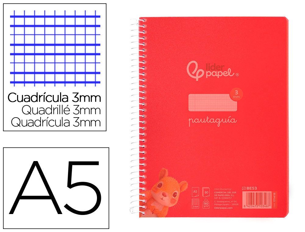 Cuaderno espiral liderpapel din A5 pautaguia tapa plastico 80h 90gr cuadro pautado 3 mm con margen color rojo
