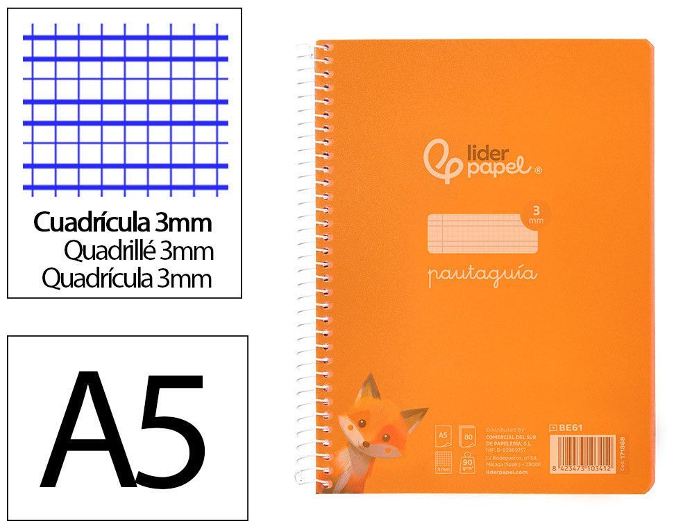 Cuaderno espiral liderpapel din A5 pautaguia tapa plastico 80h 90gr cuadro pautado 3mm color naranja