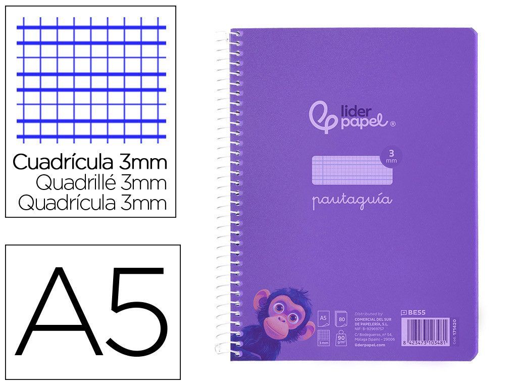 Cuaderno espiral liderpapel din A5 pautaguia tapa plastico 80h 90gr cuadro pautado 3 mm con margen color lila