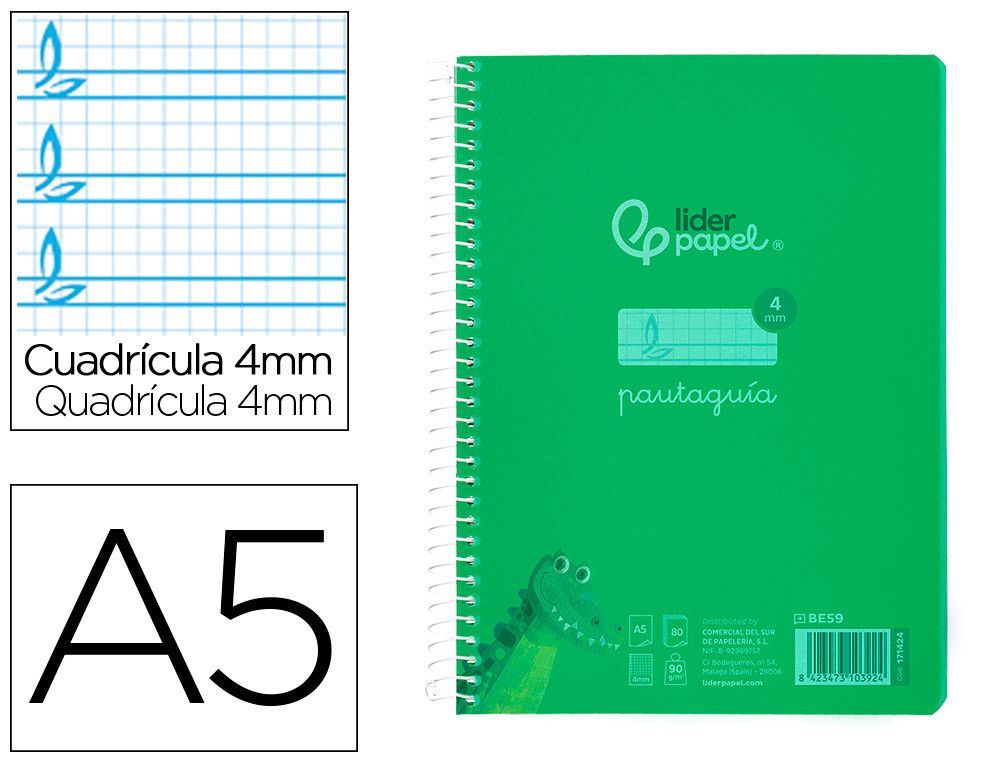 Cuaderno espiral liderpapel din A5 pautaguia tapa plastico 80h 90gr cuadro pautado 4mm con margen color verde