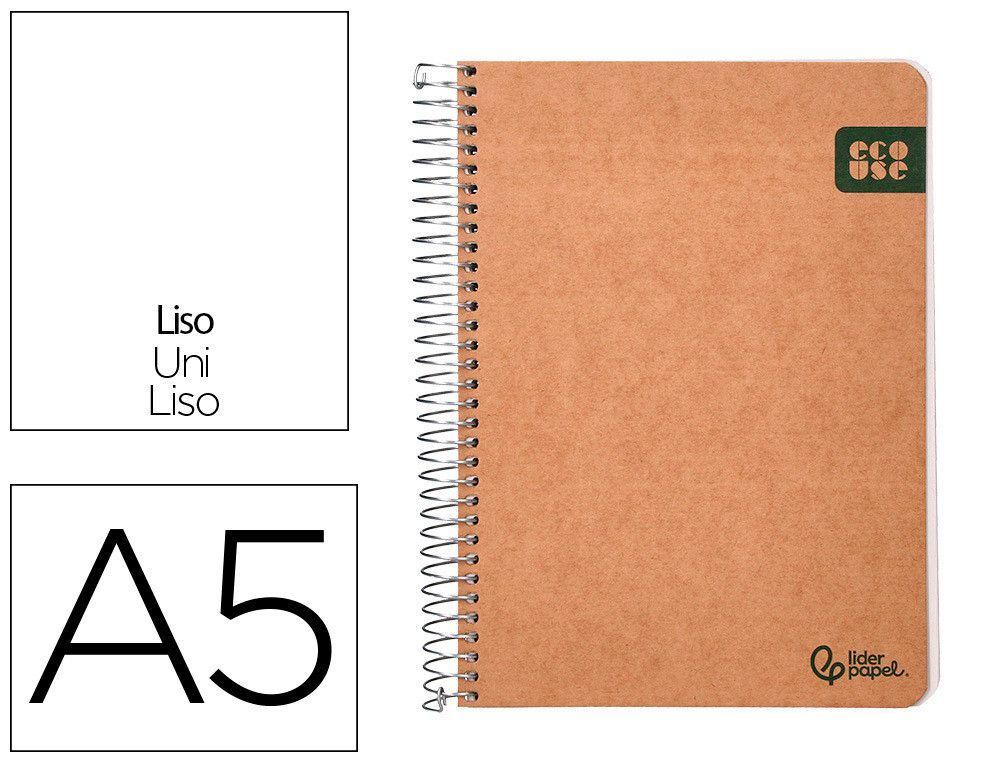 Cuaderno espiral liderpapel din A5 tapa cartulina kraft contracolada 120h papel 100% reciclado 80 gr liso