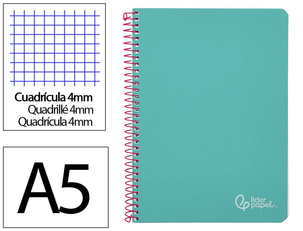 Cuaderno espiral liderpapel din A5 witty tapa dura 80h 90gr cuadro 4mm con margen color turquesa