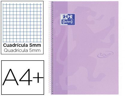 Cuaderno espiral oxford ebook 1 school touch te din a4+ 80 hojas cuadro 5 mm con margen malva pastel