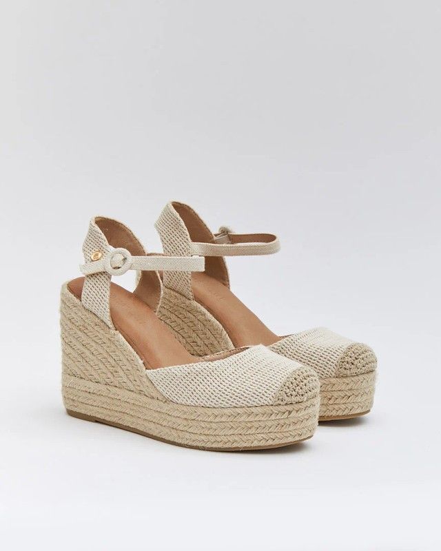 Cuña Alta De Esparto Efecto Crochet Beige