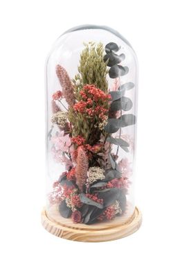 Cúpula de cristal modelo Abril, con flor seca y flor preservada en color rosado