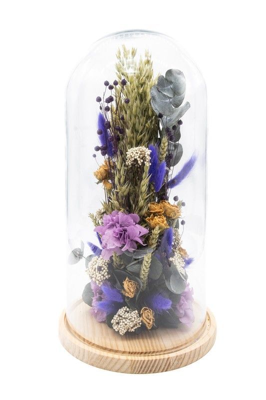 Cúpula de cristal modelo Violeta en color lila y morado como las hortensia preservada