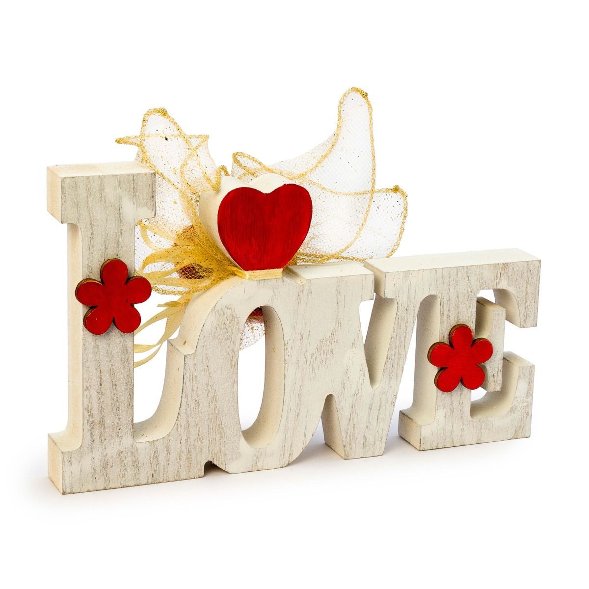 Decoración Love de madera con detalles rojos, y 4bombones