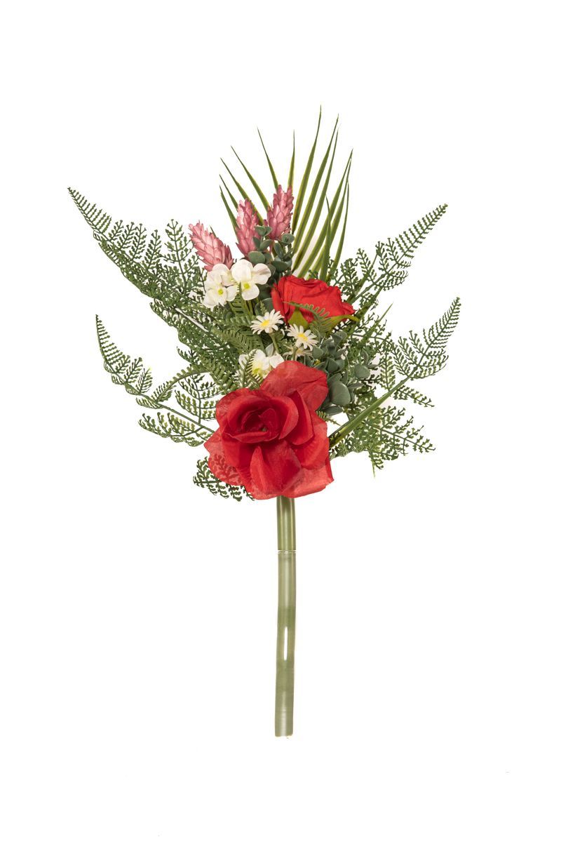 Delicado ramo de cementerio con rosa de jardín artificial en color rojo