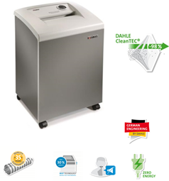 Destructora departamental DAHLE 214 air CleanTEC® 26 hojas, tiras 3,9 mm, ancho boca, 310mm, 140 litros